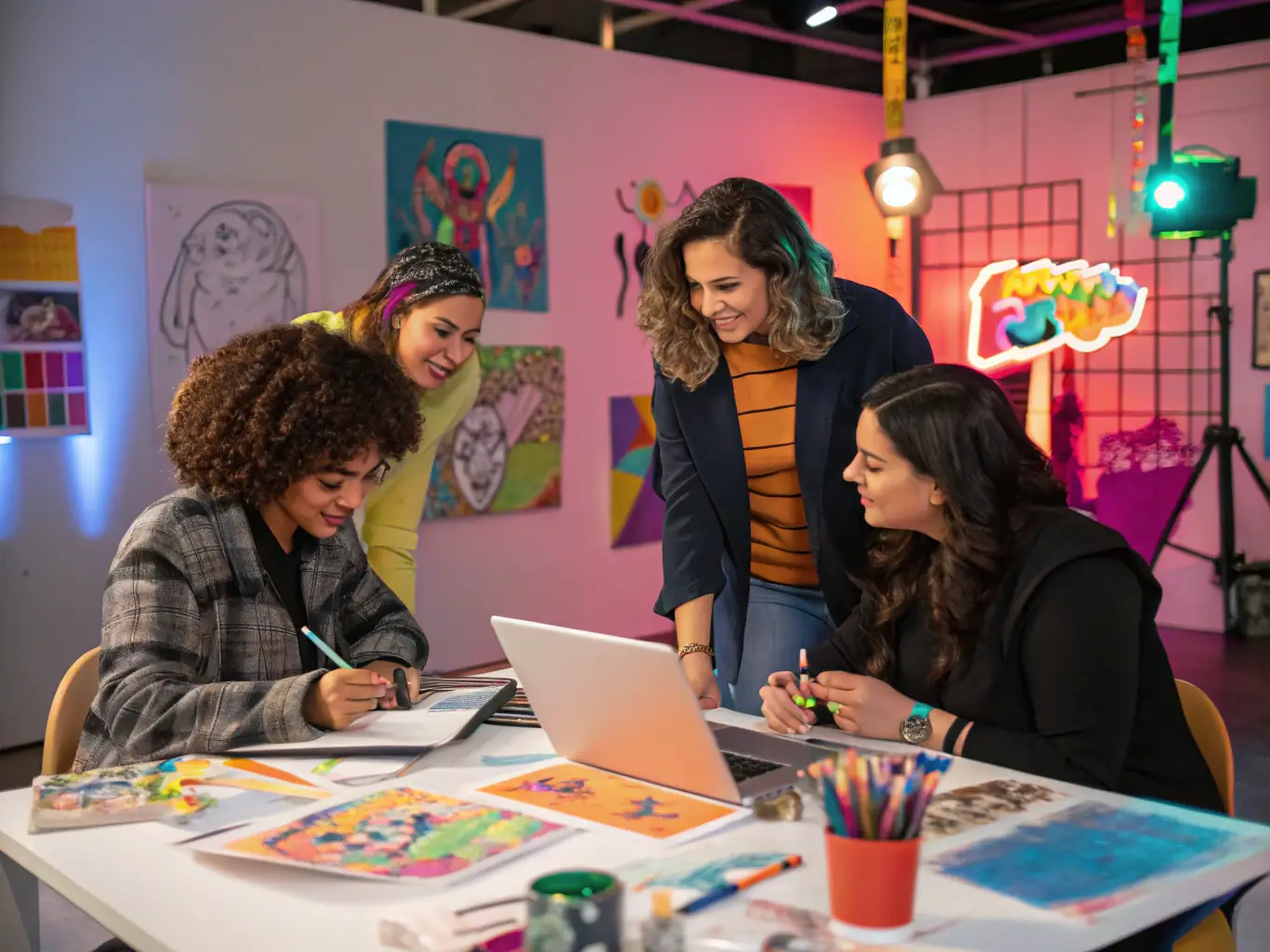 A photograph capturing a group of women engaged in a collaborative art project, painting on a large canvas with vibrant colors, set in a sunlit studio filled with plants and natural light, symbolizing creativity and connection.